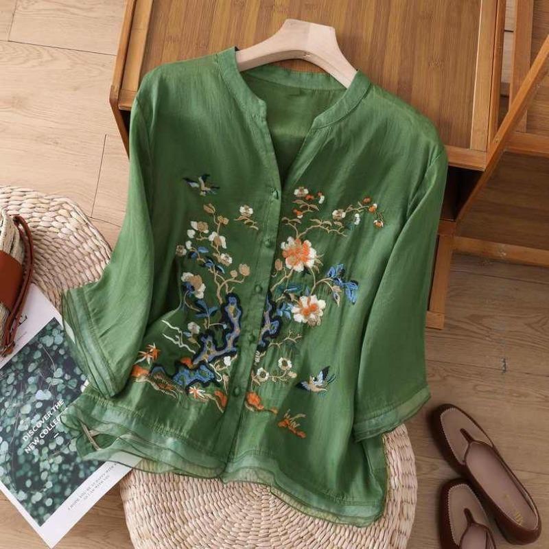 Damen Sommer Stickerei Fünf-Minuten-Ärmel Hemd Splicing Button Chinesischen Stil Bluse 3XL von Joom DACH