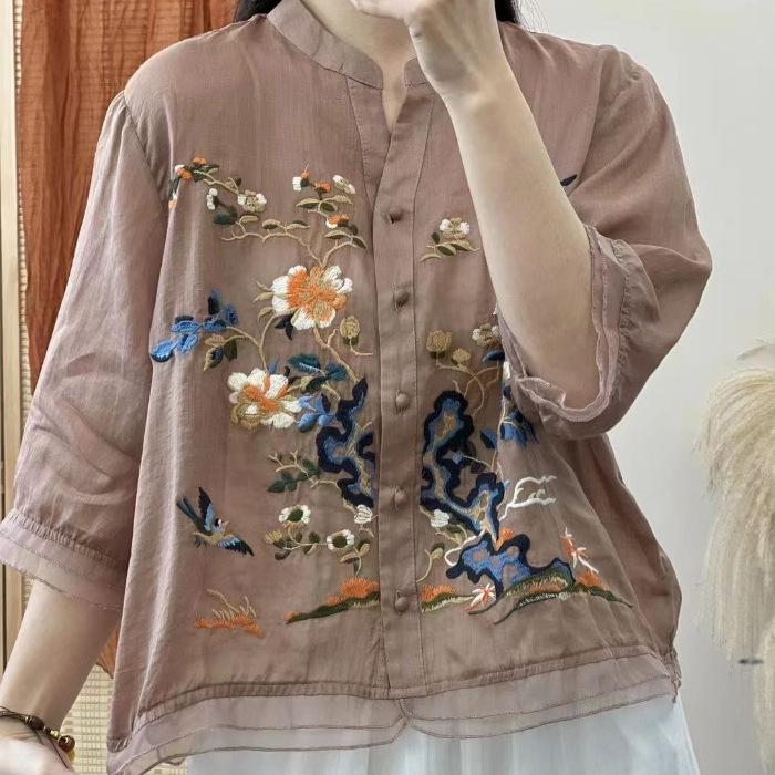 Damen Sommer Stickerei Fünf-Minuten-Ärmel Hemd Splicing Button Chinesischen Stil Bluse 3XL von Joom DACH