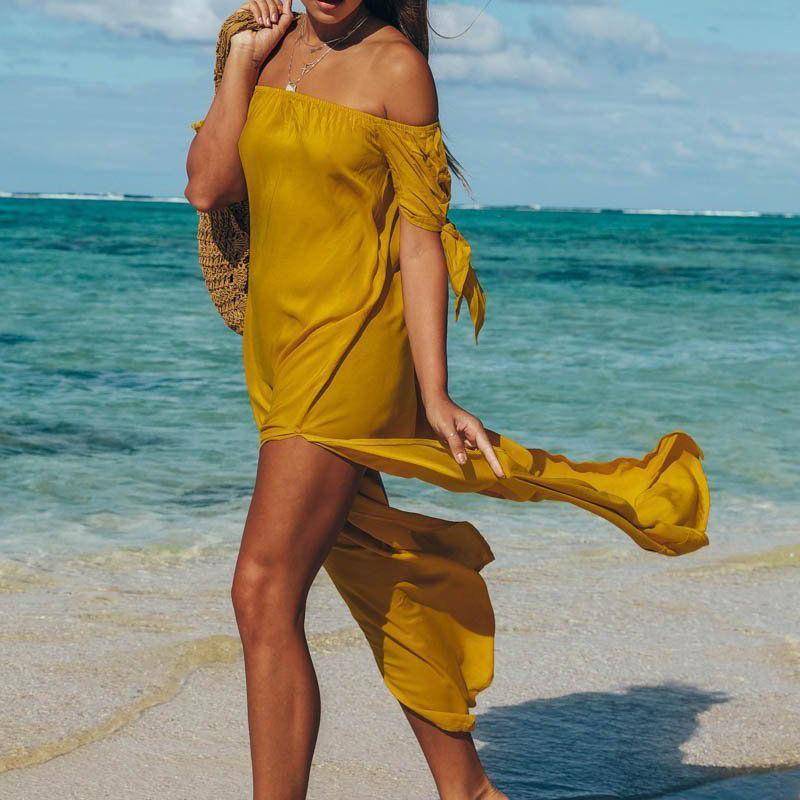 Damen Sommer Strand Schulterfrei Bandeau Maxikleid Urlaub Bademode Cover Up S gelb von Joom DACH