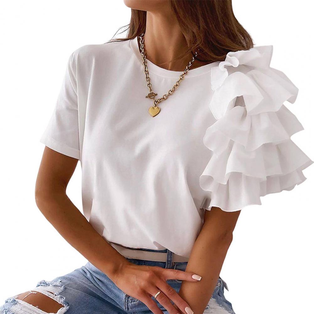 Damen Sommer T-Shirt Asymmetrisch Kurzarm Mehrlagiges Rüschen T-Shirt Rundhals Einfarbig T-Shirt Tops Streetwear XXL weiß von Joom DACH