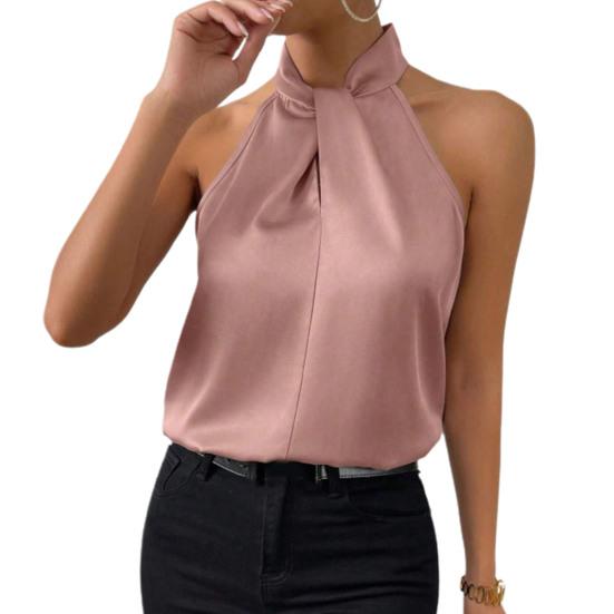 Damen Sommer Tops Neckholder Ärmellos Loose Fit Bluse Einfarbig Glatt Satin Tank Tops Imitation Seide Party Büro Weste Arbeitskleidung L von Joom DACH