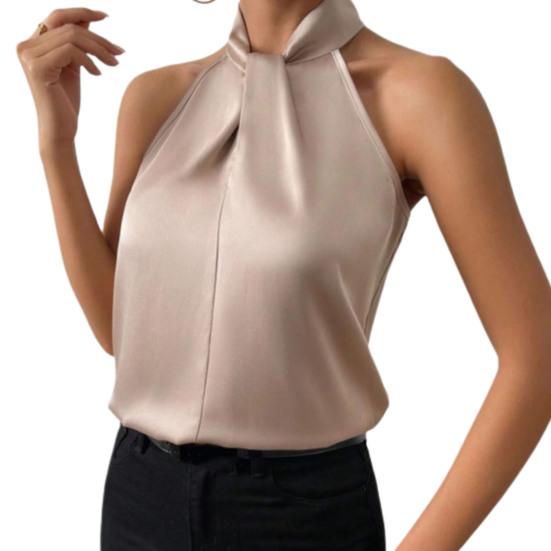 Damen Sommer Tops Neckholder Ärmellos Loose Fit Bluse Einfarbig Glatt Satin Tank Tops Imitation Seide Party Büro Weste Arbeitskleidung L von Joom DACH