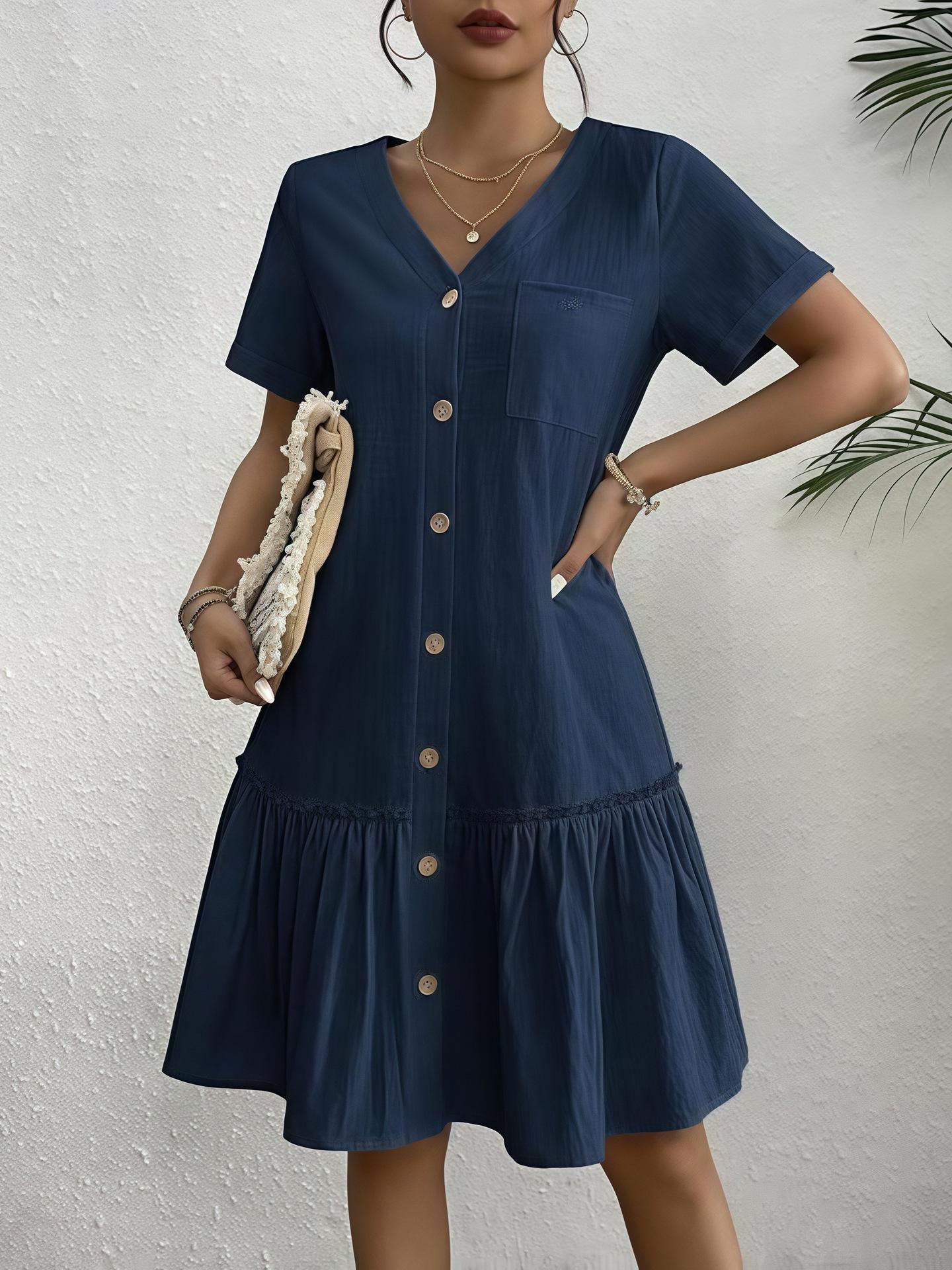Damen Sommerkleid, lockeres Baumwollleinenkleid, Rüschensaum, lässig, kurzärmelig, Strickjacke, Hemdkleid S navy blau von Joom DACH