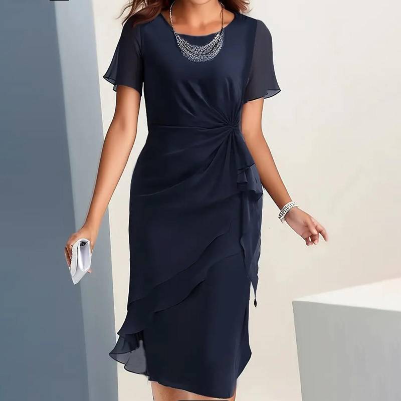 Damen Sommerkleid Slim Fit Kleid Einfarbig Chiffon Rundhals Kurzarmkleid XXL dunkelblaue von Joom DACH