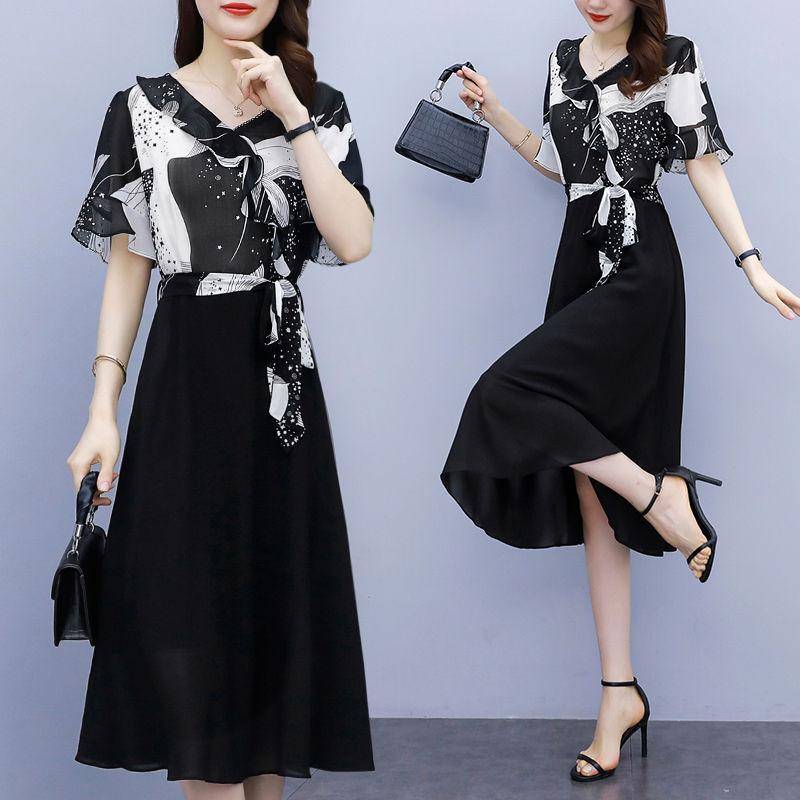 Damen Sommerkleid mit Print und Spitze aus Chiffon, Temperament, V-Ausschnitt, hohe Taille, mittellange Kleider XXXXXL schwarz von Joom DACH