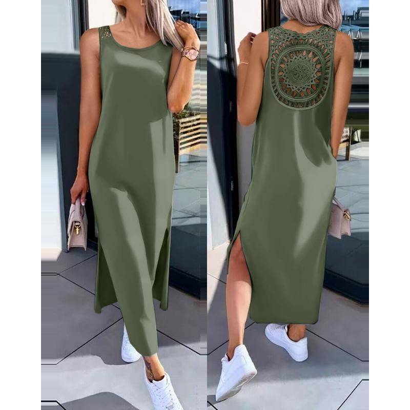 Damen Sommerkleid mit mittellanger, einfarbiger Hohlsaum XXL armee grüne von Joom DACH
