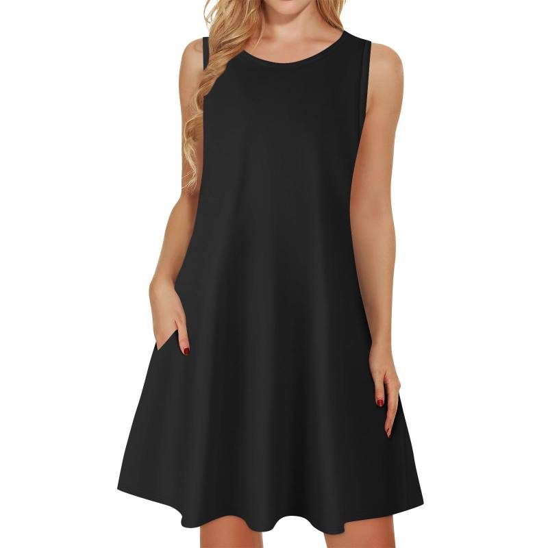 Damen Sommerkleider Lockerer U-Ausschnitt Ärmelloses Sommerkleid Kleid Mit Taschen M schwarz von Joom DACH