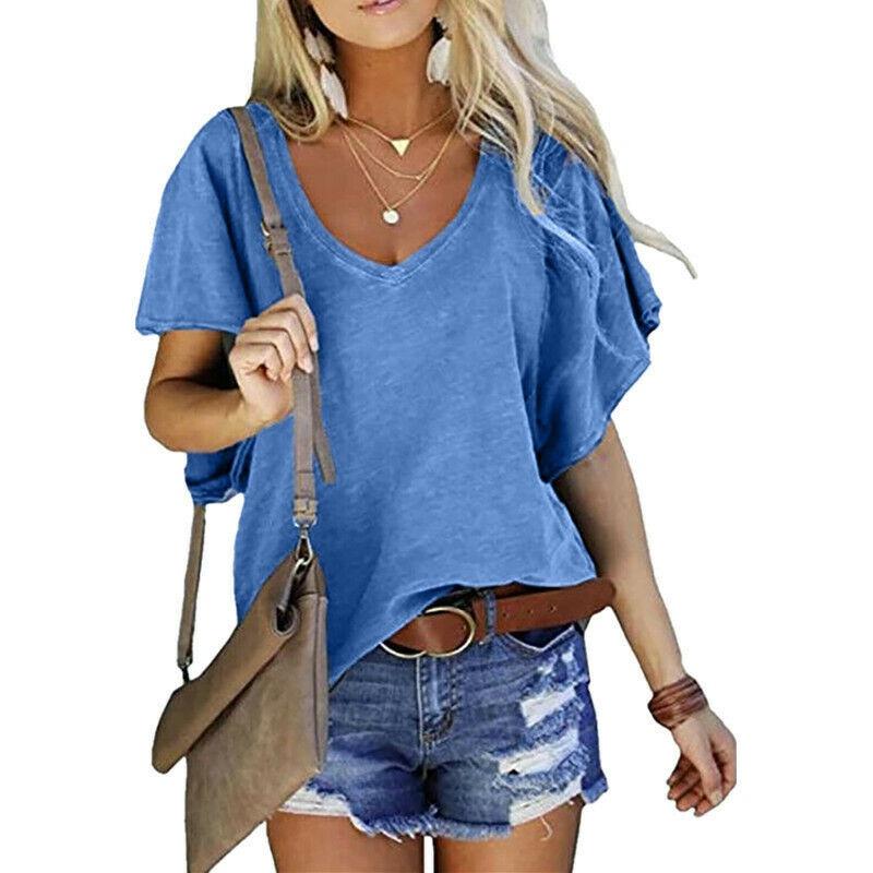 Damen Sommermode Casual Tops V-Ausschnitt Kurzarm Solides T-Shirt Lose Tunika S blau von Joom DACH