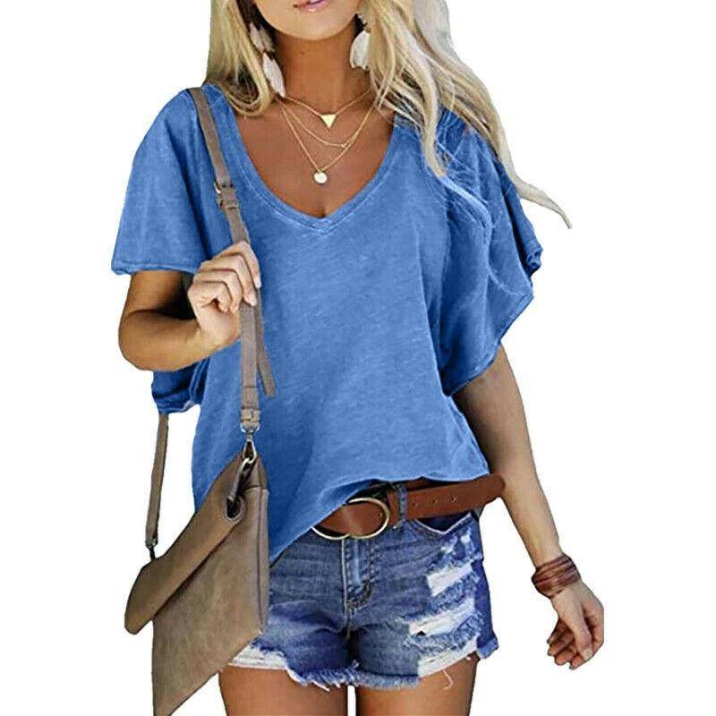 Damen Sommermode Casual Tops V-Ausschnitt Kurzarm Solides T-Shirt Lose Tunika S blau von Joom DACH