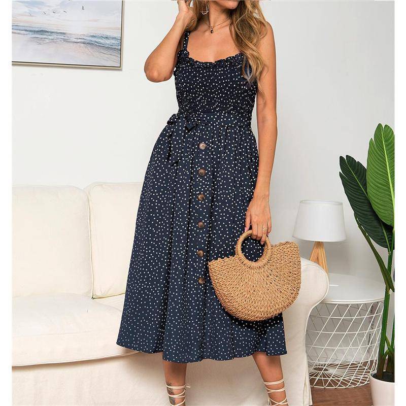 Damen Sommermode Neues Produkt Sling Rüschen Kleid mit Polka Dot Print S navy blau von Joom DACH