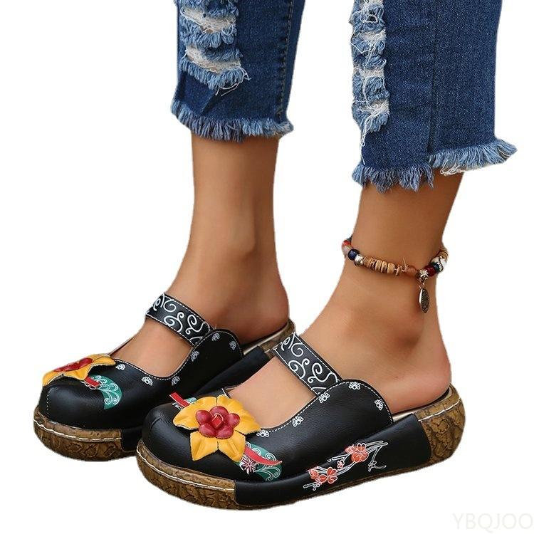 Damen Sommerschuhe Neue Komfort Römische Plateausandalen Damen Blume Rutschfeste Plus Size Baotou Wedge Damen Hausschuhe 43 schwarz von Joom DACH
