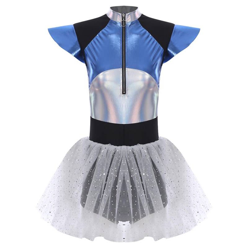 Damen Space Cadet Jumpsuit Glockenärmel Frontreißverschluss Pailletten-Tüllrock angenäht Boyshorts Astronaut Cosplay Body L silber von Joom DACH