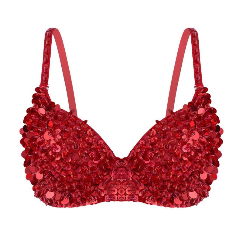 Damen Sparkle Glitter BH Top Rave Dance Bauchtanz Crop Tops Kostüm Clubwear 34/75 rot von Joom DACH