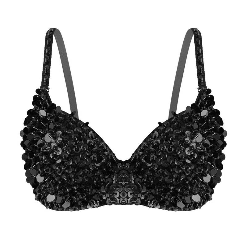 Damen Sparkle Glitter BH Top Rave Dance Bauchtanz Crop Tops Kostüm Clubwear 38/85 schwarz von Joom DACH