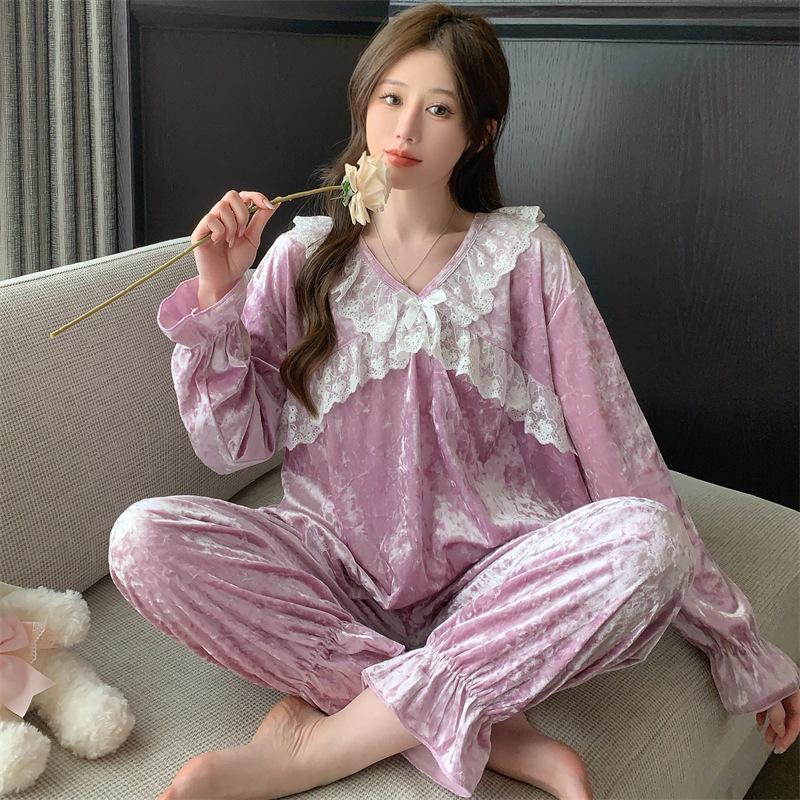 Damen Spitze Prinzessinnenstil Pyjama Herbst Winter Samt Nachtwäsche Warm Langärmlig Velours Hauskleidung Zweiteiliges Set Nachtwäsche 2XL von Joom DACH