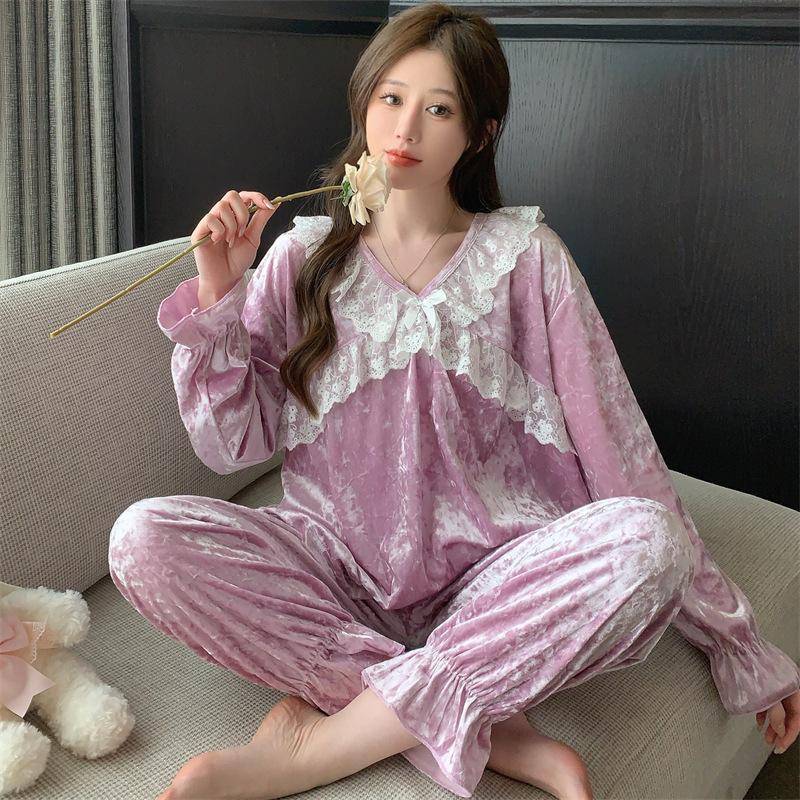 Damen Spitze Prinzessinnenstil Pyjama Herbst Winter Samt Nachtwäsche Warm Langärmlig Velours Hauskleidung Zweiteiliges Set Nachtwäsche 2XL von Joom DACH