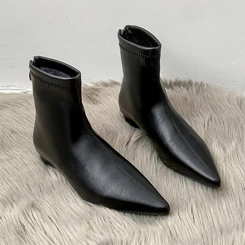 Damen Spitzzehen-Stiefeletten Flats Leder Modeschuhe Frau 2025 Trend Neue Chelsea Boots Walking Winter Mujer Schneestiefel 43 schwarz von Joom DACH