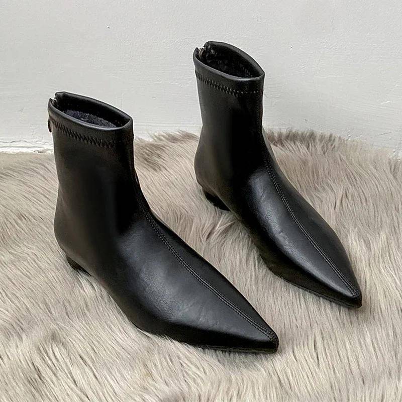 Damen Spitzzehen-Stiefeletten Flats Leder Modeschuhe Frau 2025 Trend Neue Chelsea Boots Walking Winter Mujer Schneestiefel 43 schwarz von Joom DACH