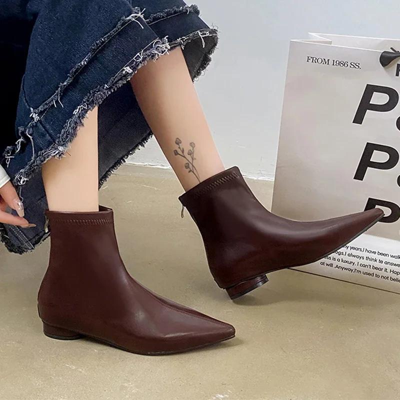 Damen Spitzzehen-Stiefeletten Flats Leder Modeschuhe Frau 2025 Trend Neue Chelsea Boots Walking Winter Mujer Schneestiefel 43 braun von Joom DACH