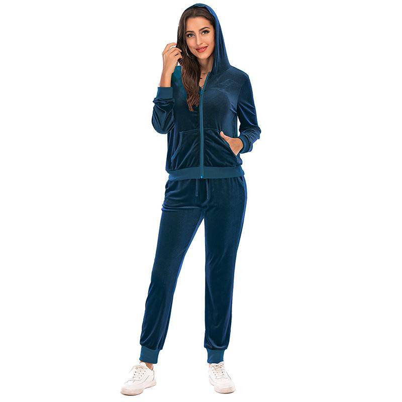 Damen-Sport-Trainingsanzug, entspannter Kapuzenpullover und Jogger mit Reißverschluss aus Samt, superweiches Stretch-Velours-Loungejacken-Oberteil und -Unterteil-Set L blau von Joom DACH