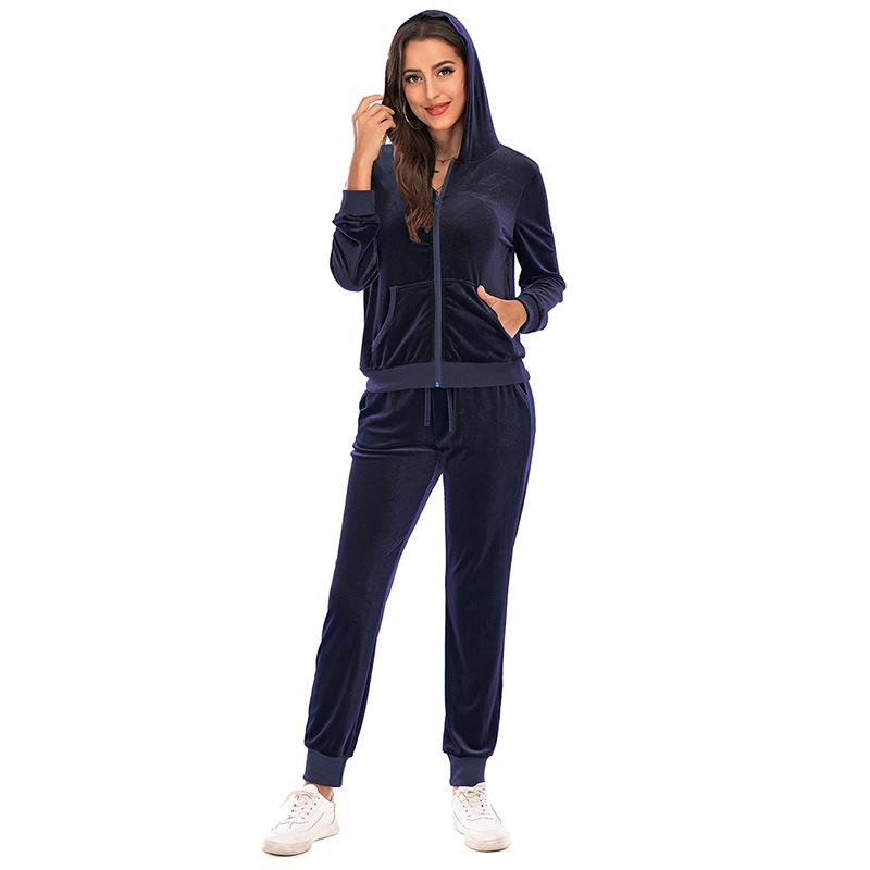 Damen-Sport-Trainingsanzug, entspannter Kapuzenpullover und Jogger mit Reißverschluss aus Samt, superweiches Stretch-Velours-Loungejacken-Oberteil und -Unterteil-Set XXL dunkelblau von Joom DACH