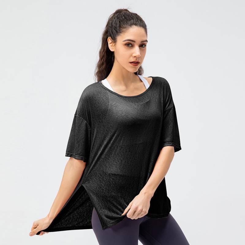 Damen Sport-Überzug Leichte Atmungsaktive Oberteile Laufen Locker Kurzarm Schlitz Schnelltrocknende Yoga-T-Shirts M schwarz von Joom DACH