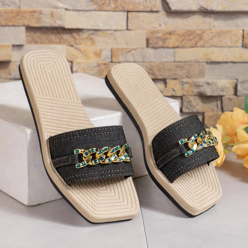 Damen Square Toe Flache Hausschuhe Sommer Casual Plateau Strandschuhe für Damen Outdoor Metallkette Damen Slip-on Pantoletten Schuhe 43 schwarz von Joom DACH
