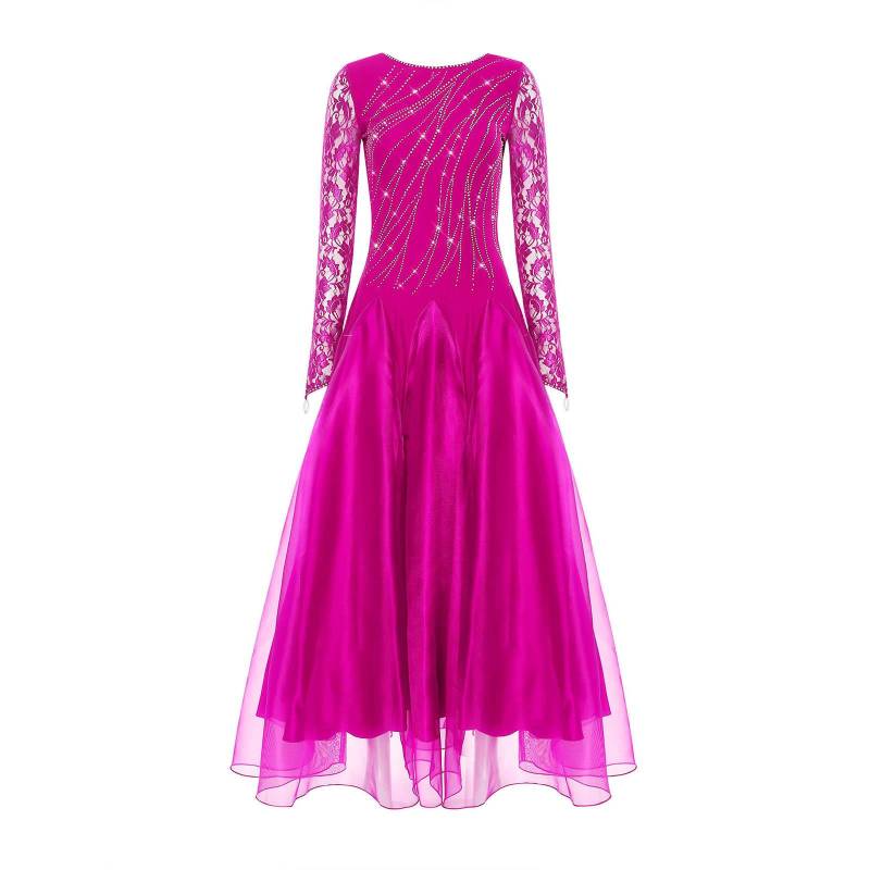 Damen Standard Turnierkleid Glitzernde Strasssteine Blumenspitze Lange Ärmel Weiter ausgestellter Saum Abendkleid L heißes rosa von Joom DACH
