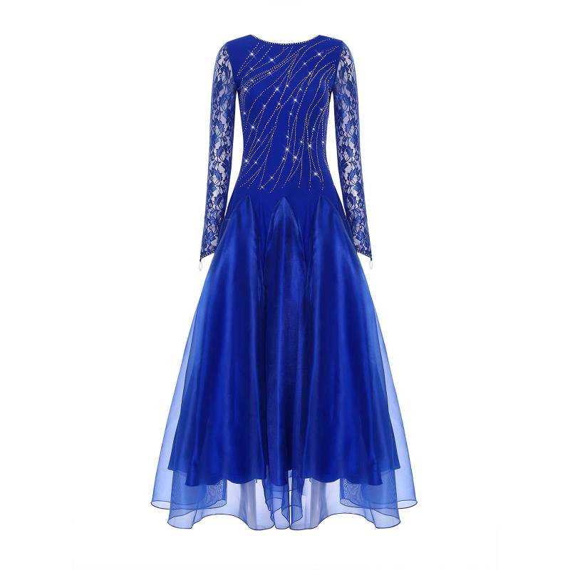Damen Standard Turnierkleid Glitzernde Strasssteine Blumenspitze Lange Ärmel Weiter ausgestellter Saum Abendkleid L blau von Joom DACH
