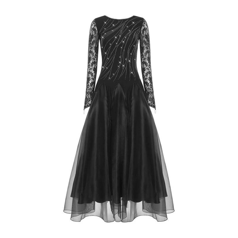 Damen Standard Turnierkleid Glitzernde Strasssteine Blumenspitze Lange Ärmel Weiter ausgestellter Saum Abendkleid M schwarz von Joom DACH