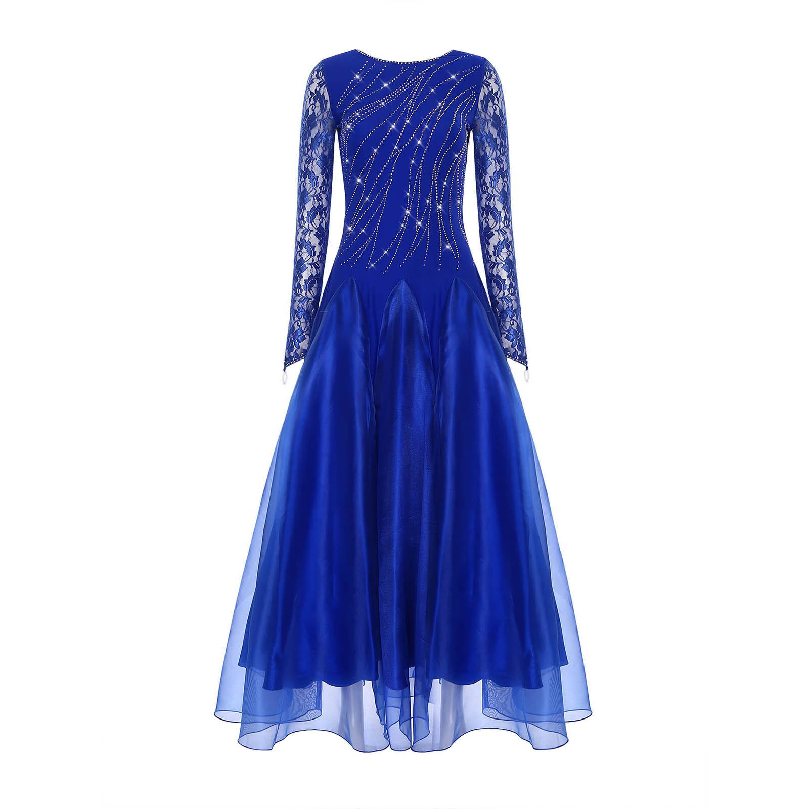 Damen Standard Turnierkleid Glitzernde Strasssteine Blumenspitze Lange Ärmel Weiter ausgestellter Saum Abendkleid S blau von Joom DACH