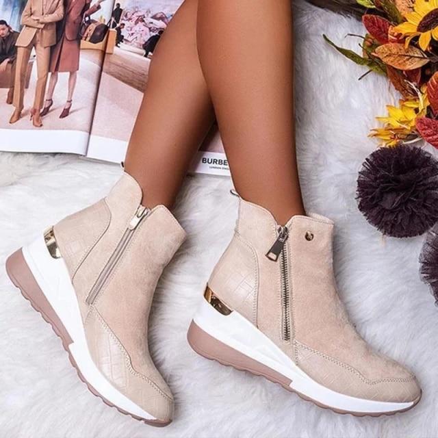 Damen Stiefel Herbst Winter High Top Vulkanisierte Schuhe Damen Plateau Keilschuhe Reißverschluss Chunky Sneakers Damenschuhe Übergröße 40 beige von Joom DACH