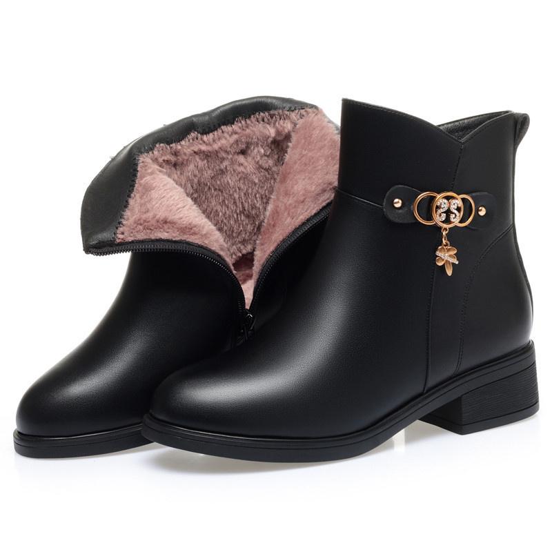 Damen Stiefel aus hochwertigem weichem Leder für den Winter, warme Plüschstiefel, einfarbig, runde Zehenpartie, Reißverschluss, rutschfest, klobiger Absatz 40 von Joom DACH