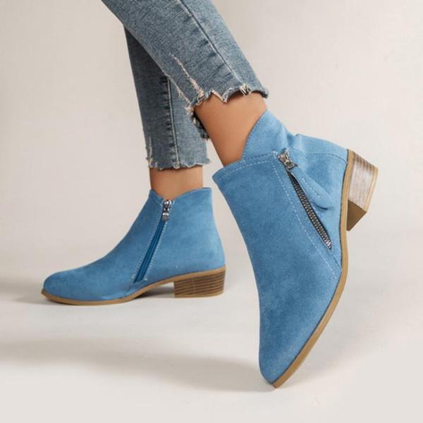 Damen-Stiefeletten, Wildleder-Stiefeletten, Stiefeletten mit seitlichem Reißverschluss, niedrige Absätze, Kleiderstiefel, klassischer, klobiger Absatz, moderne kurze Slip-on-Schuhe mit Reißverschluss 40 blau von Joom DACH