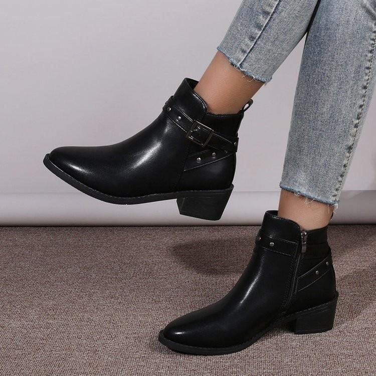 Damen Stiefeletten Dicke Hohe Absätze Spitz Zehenbereich Schnallen Dekoration Damen Kurze Stiefel Herbst und Winter Retro Damen Reißverschlussstiefel 41 schwarz von Joom DACH