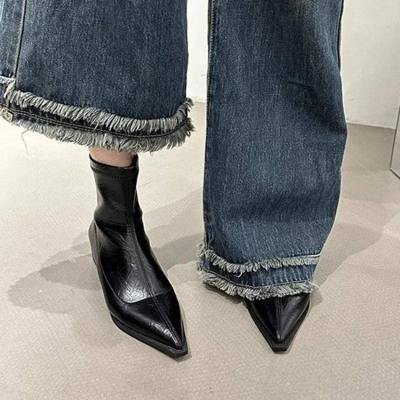 Damen Stiefeletten Echtes Leder Reißverschluss Blockabsatz Spitz Zehenbereich Herbst Winter Stiefel High Heels Schuhe Größe 38 schwarz von Joom DACH