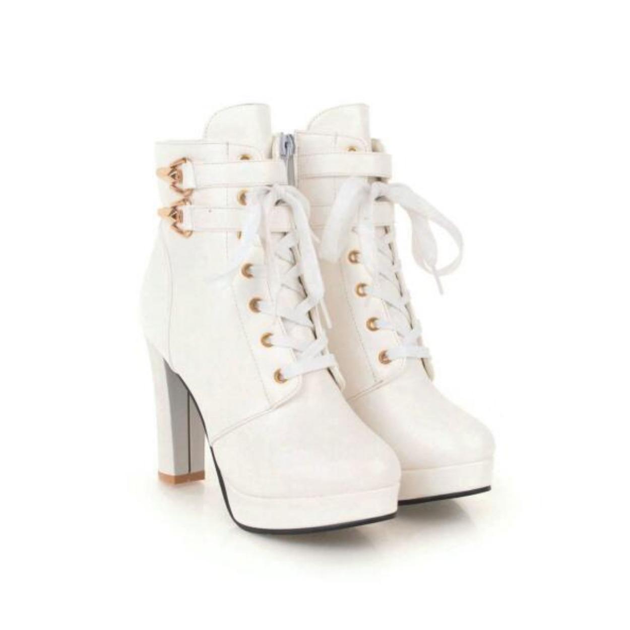 Damen Stiefeletten Herbst Runde Zehe Schnürung Knöchel Schnalle Klobiger Hoher Absatz Plateau Ritter Kurze Stiefel Seitenreißverschluss Größe 34-43 40 von Joom DACH