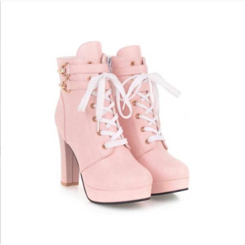 Damen Stiefeletten Herbst Runde Zehe Schnürung Knöchel Schnalle Klobiger Hoher Absatz Plateau Ritter Kurze Stiefel Seitenreißverschluss Größe 34-43 42 von Joom DACH