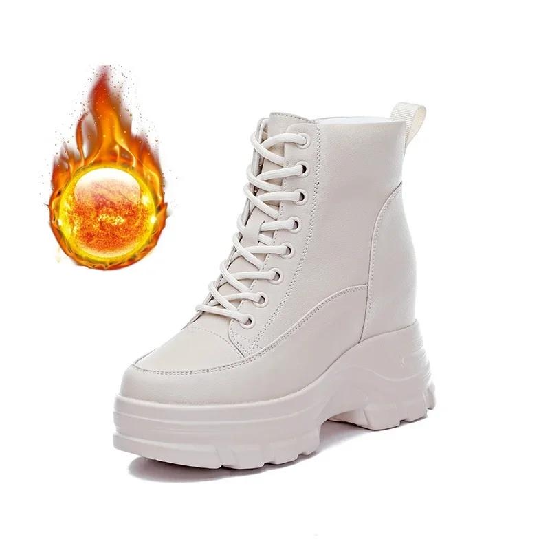 Damen Stiefeletten Hohe Plateauschuhe Rindsleder Stiefel Ulzzang 9CM Keilabsatz Sneaker Frau Herbst Dicke Sohle Leder Kurze Stiefel 40 von Joom DACH