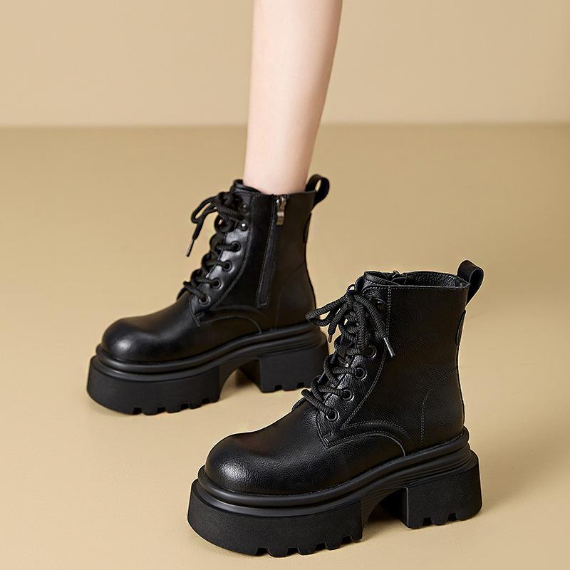 Damen Stiefeletten mit dicken Absätzen zum Schnüren, schwarze Chunky Boots, neue Winter-Lederstiefel, Damen Plateau Punk Schuhe 7 cm hohe Absätze 40 schwarz von Joom DACH