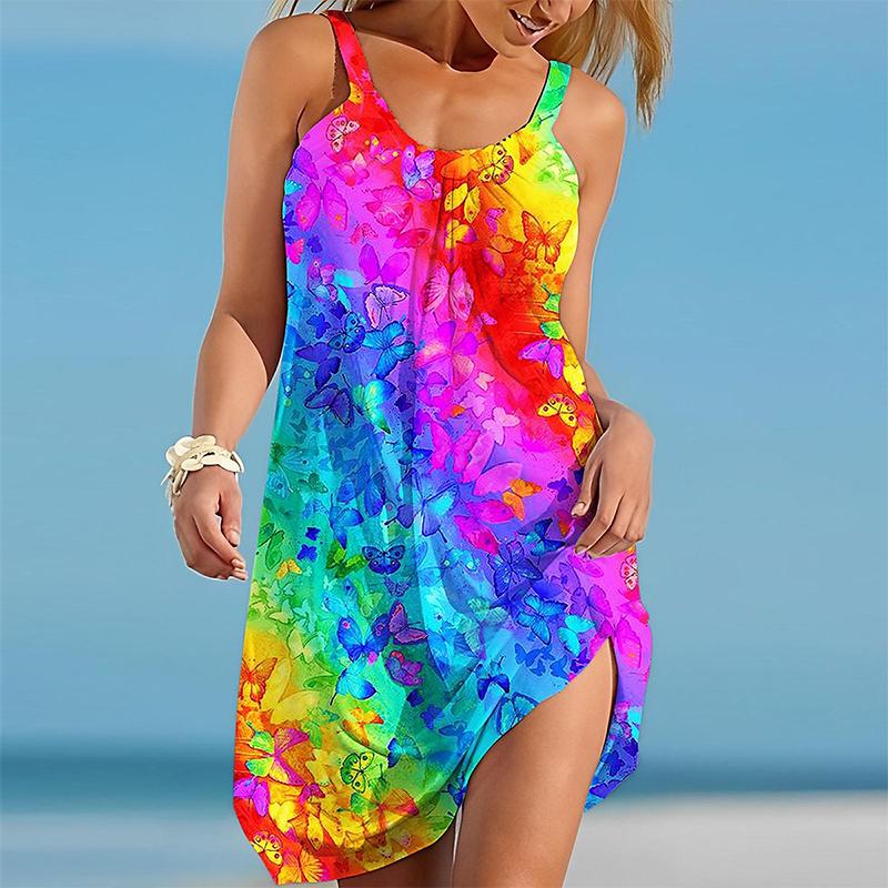 Damen Strandkleid Strandkleidung Minikleid Mehrfarbig Kristall Schmetterlingsdruck Freizeit Modern Kleid Ärmellos Lockere Passform Draussen Alltag Rosa Blau Sommer 8XL von Joom DACH