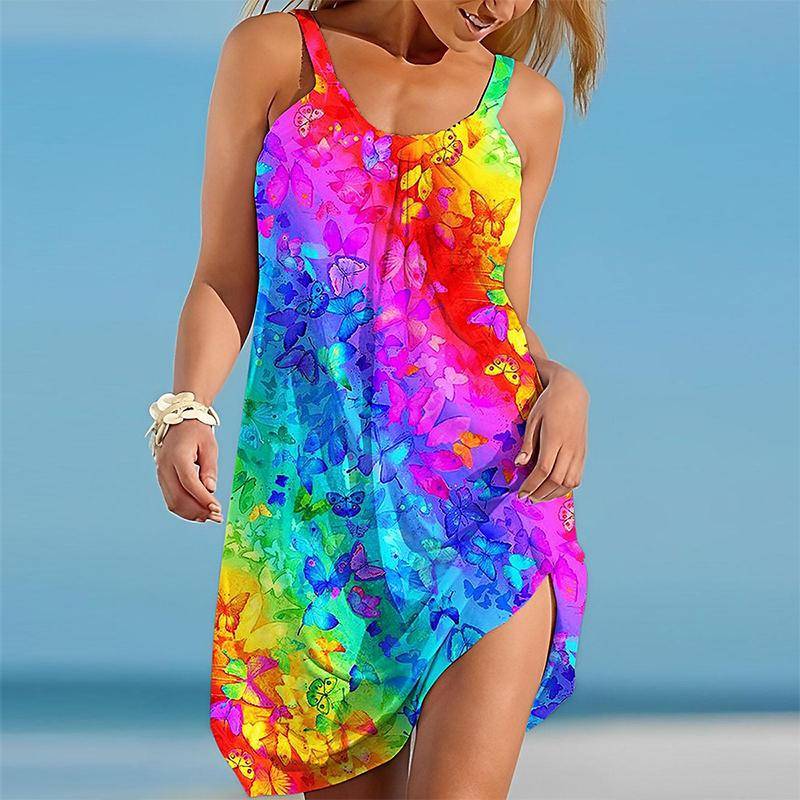 Damen Strandkleid Strandkleidung Minikleid Mehrfarbig Kristall Schmetterlingsdruck Freizeit Modern Kleid Ärmellos Lockere Passform Draussen Alltag Rosa Blau Sommer 8XL von Joom DACH