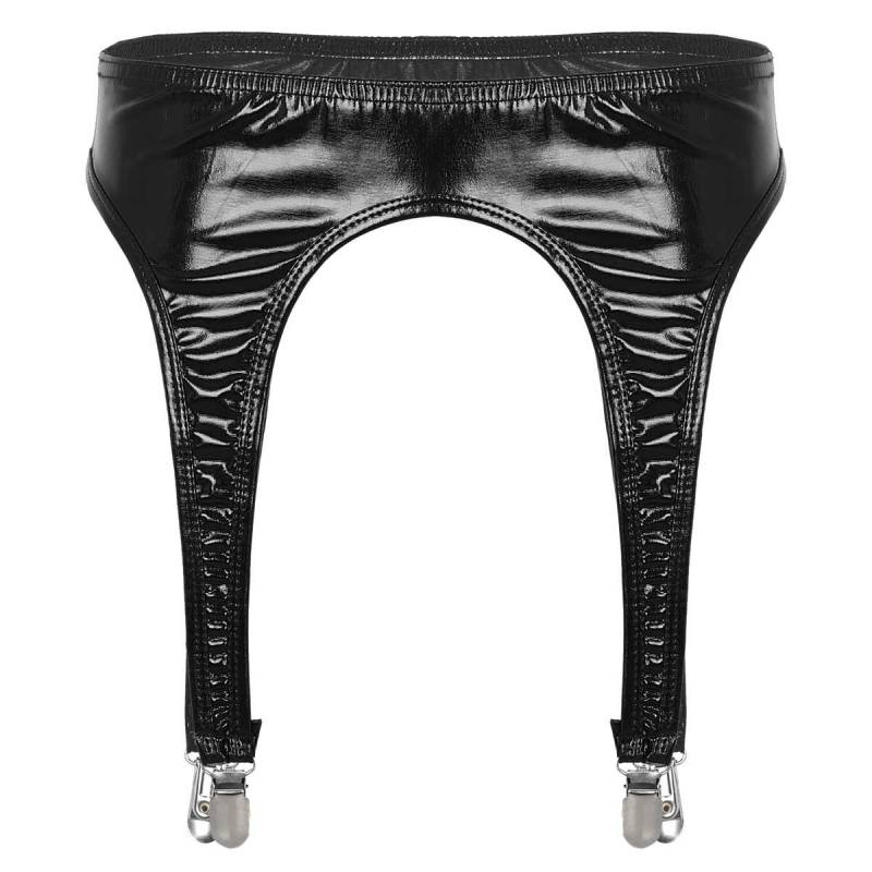 Damen-Strapsgürtel mit glänzendem metallischem Strumpfband und Metallklammern mit Entenmaul für oberschenkelhohe Strümpfe schwarz von Joom DACH