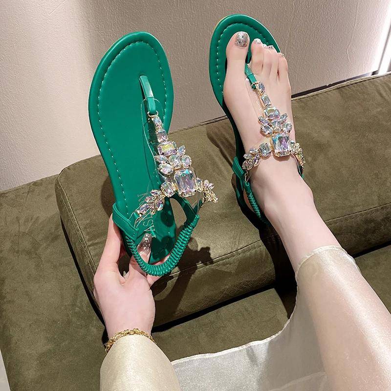 Damen Strass Dekor Zehensandalen, Mode Elastikband Slipper, Lässige Sommer Strand Outdoor Sandalen 43 grün von Joom DACH