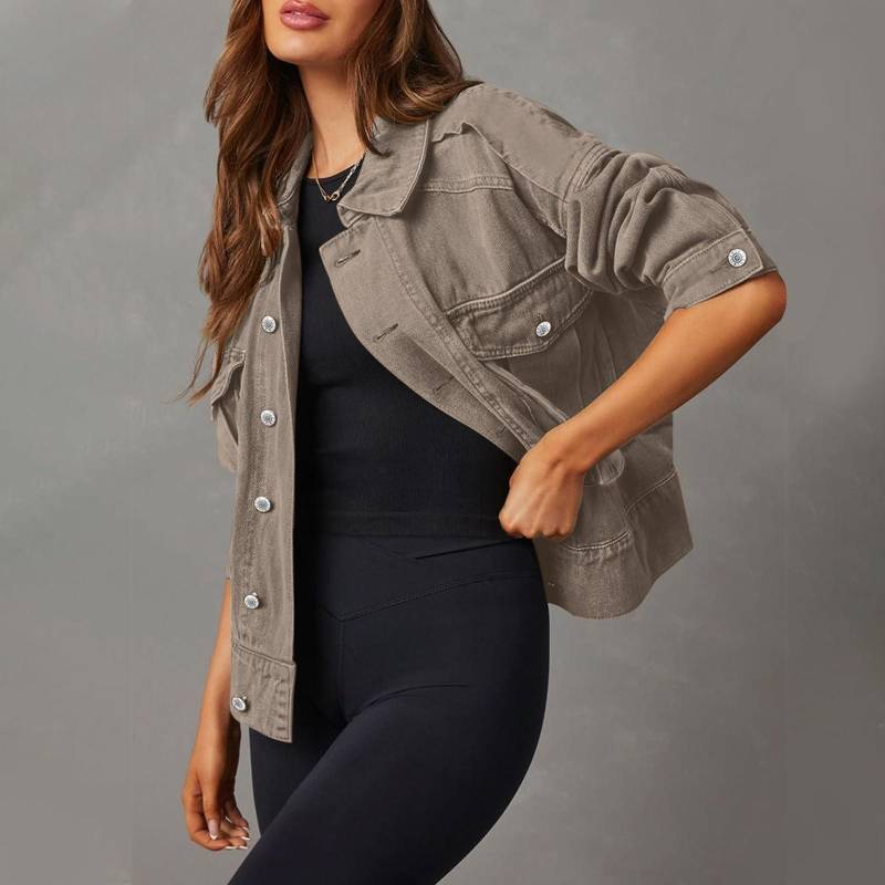 Damen Stretch-Jeansjacke Langarm-Jeansjacke Trucker-Jacke mit Tasche M khaki von Joom DACH
