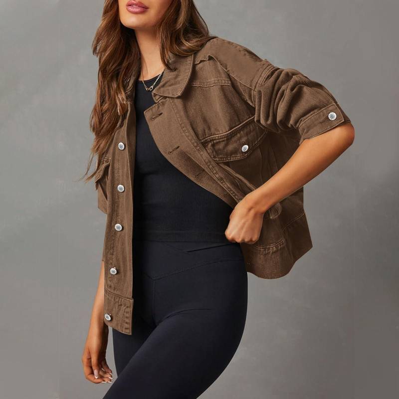 Damen Stretch-Jeansjacke Langarm-Jeansjacke Trucker-Jacke mit Tasche XL braun von Joom DACH