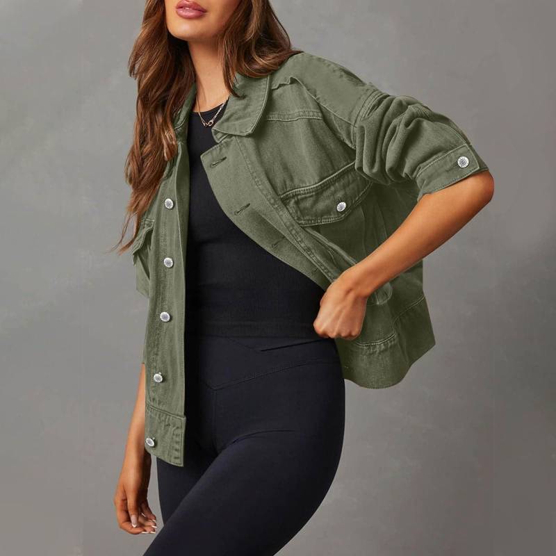 Damen Stretch-Jeansjacke Langarm-Jeansjacke Trucker-Jacke mit Tasche XXL grün von Joom DACH