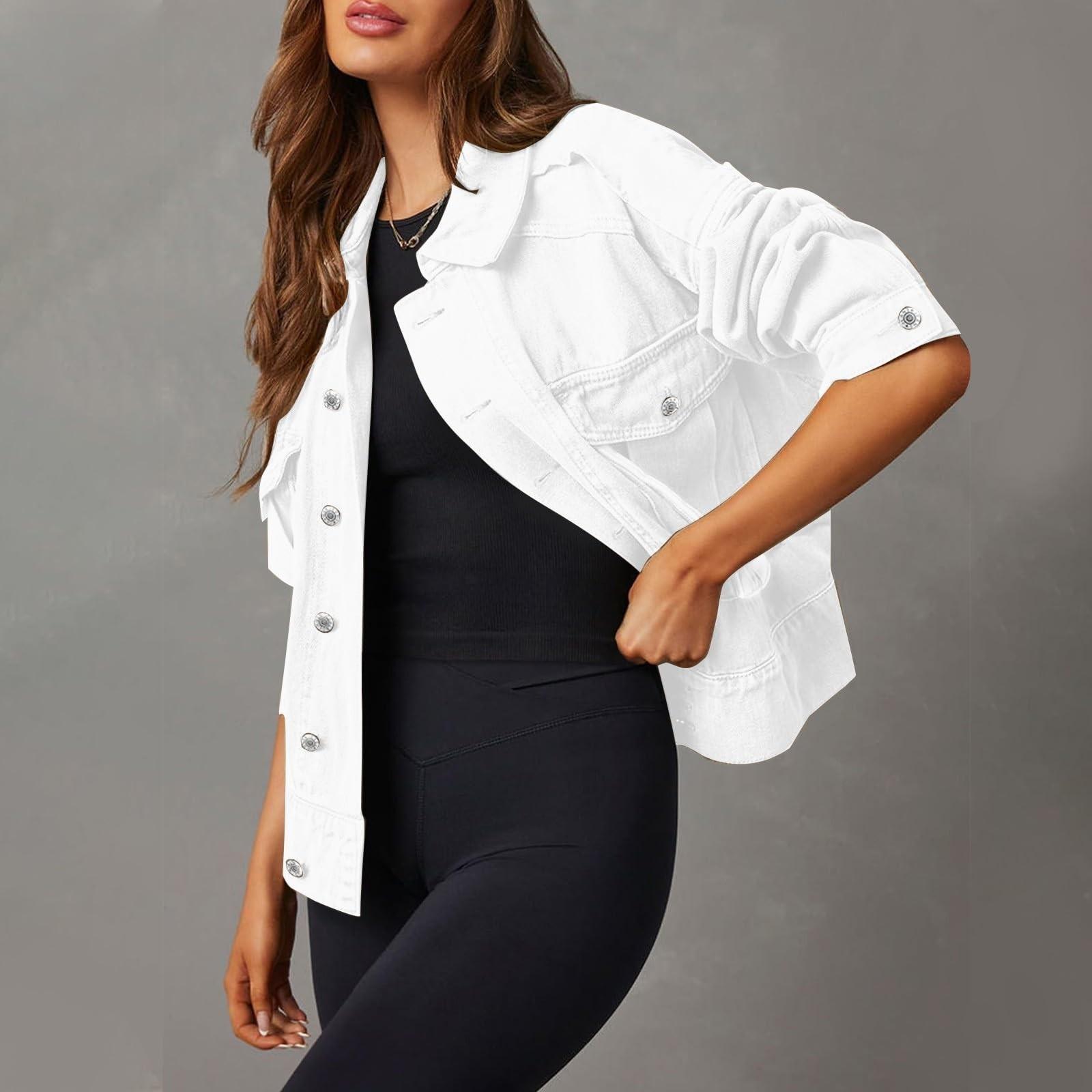 Damen Stretch-Jeansjacke Langarm-Jeansjacke Trucker-Jacke mit Tasche XXL weiß von Joom DACH