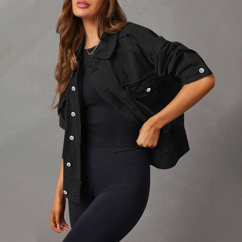 Damen Stretch-Jeansjacke Langarm-Jeansjacke Trucker-Jacke mit Tasche XXL schwarz von Joom DACH