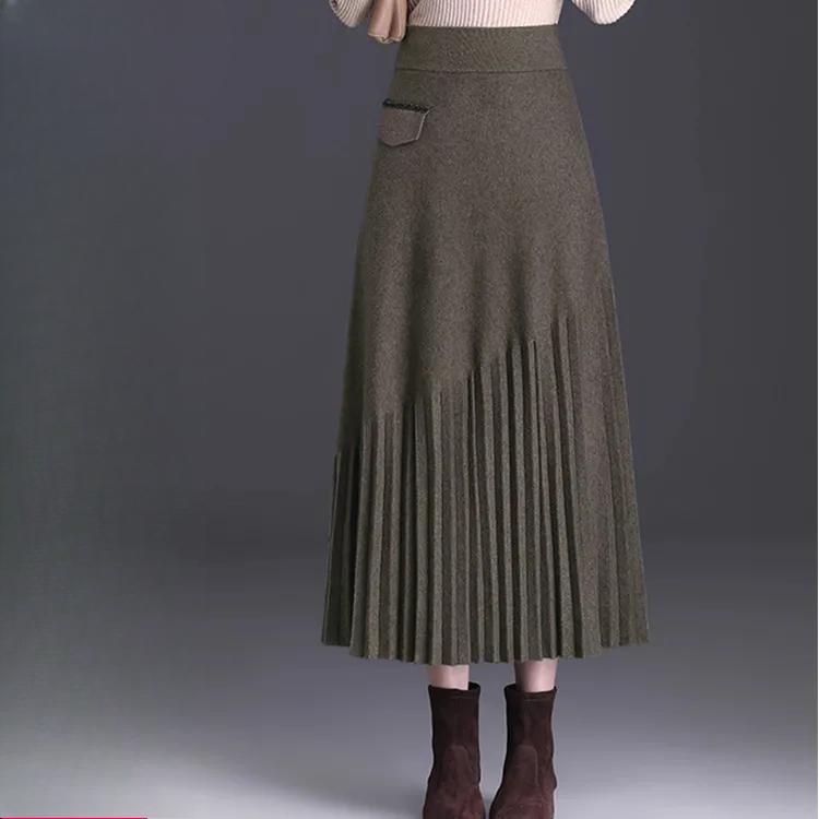 Damen Strickfaltenrock Herbst und Winter Hohe Taille Dicker Faltenrock Mittellang L kaffeebraun von Joom DACH